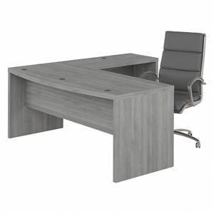 Pemberly Row 72W Bow Front L Shaped Desk and Chair Set in Gray - Engineered Wood