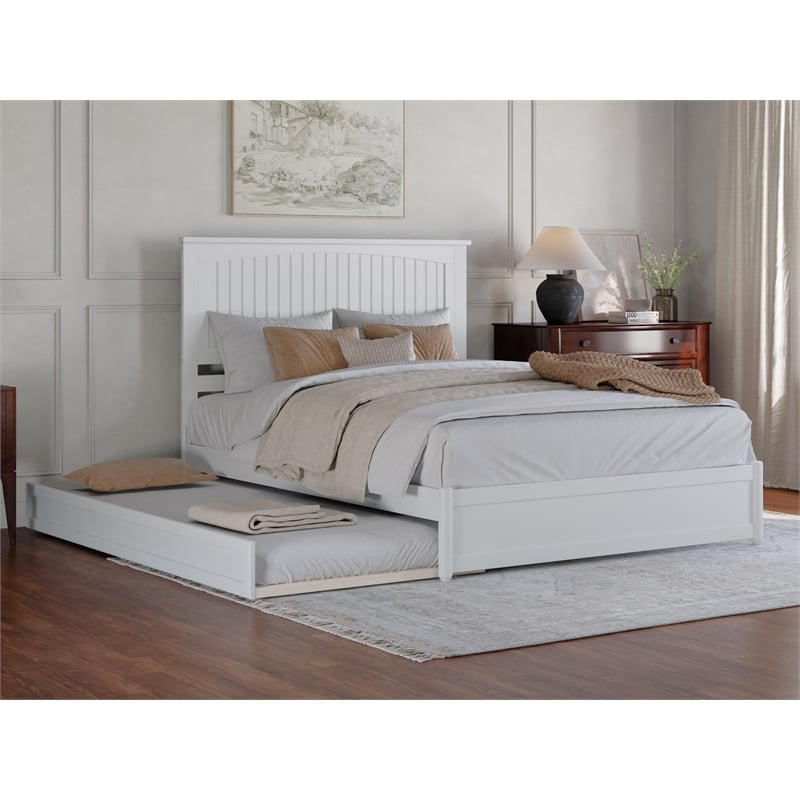 Pemberly Row Queen Platform Bed w/ Panel Footboard and Twin XL Trundle in White