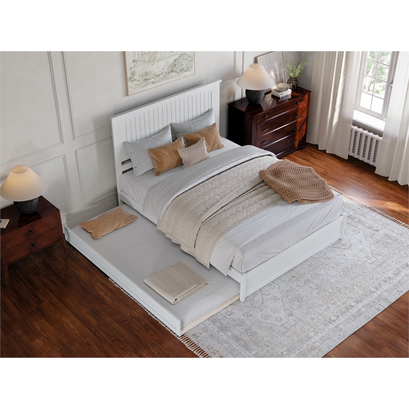 Pemberly Row Queen Platform Bed w/ Panel Footboard and Twin XL Trundle in White
