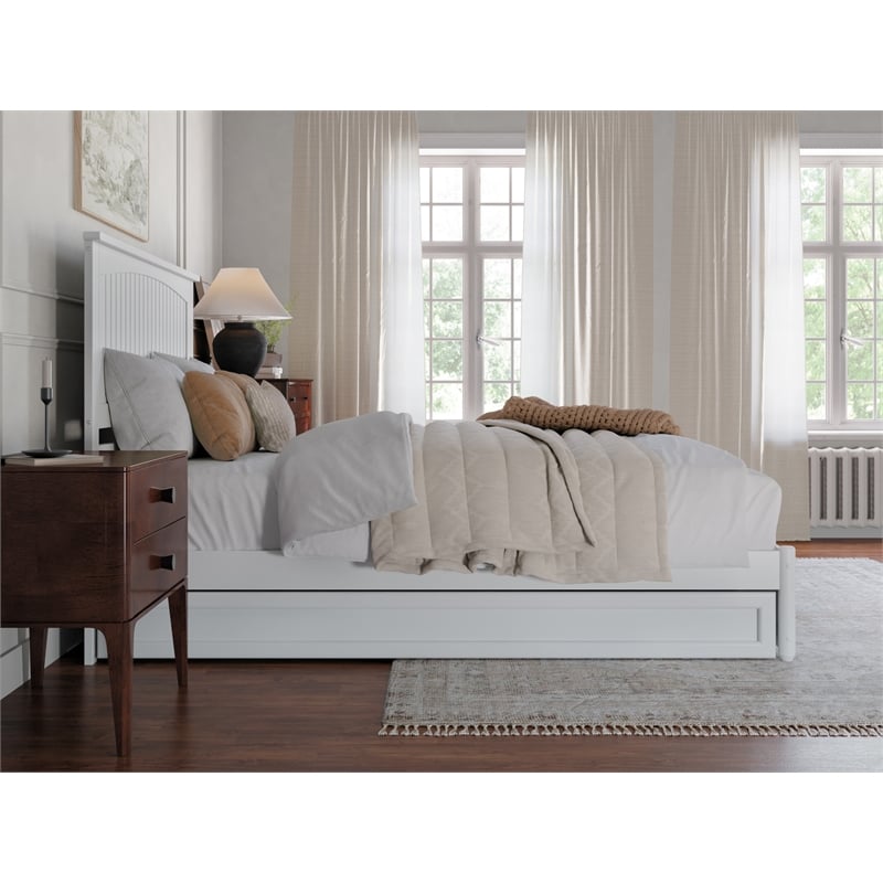 Pemberly Row Queen Platform Bed w/ Panel Footboard and Twin XL Trundle in White