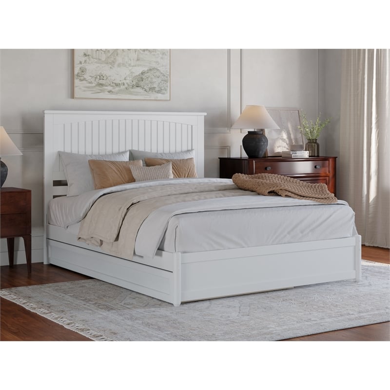 Pemberly Row Queen Platform Bed w/ Panel Footboard and Twin XL Trundle in White
