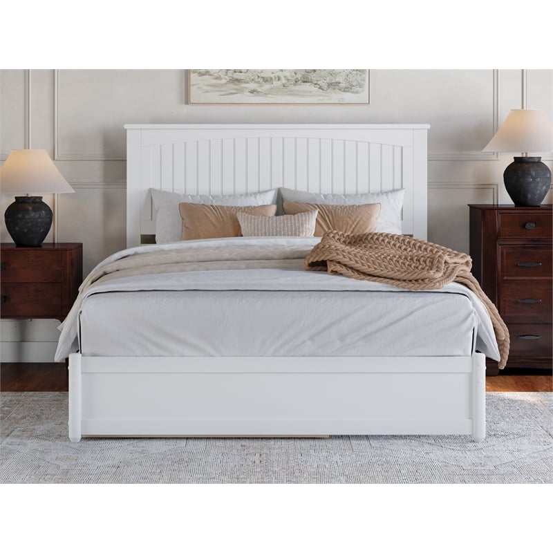 Pemberly Row Queen Platform Bed w/ Panel Footboard and Twin XL Trundle in White