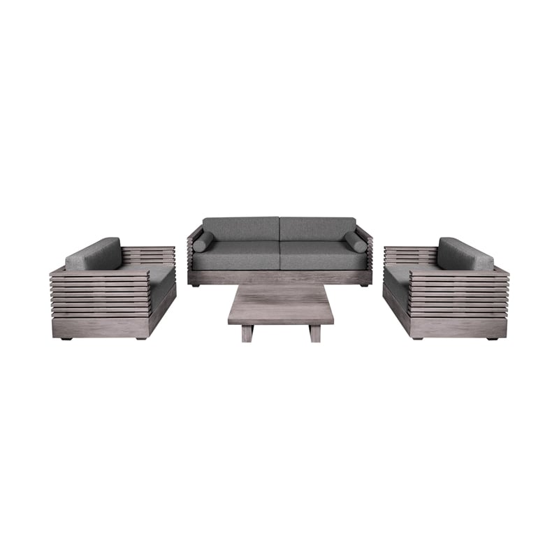 Pemberly Row Outdoor 4Pc Conversation Set in Gray Eucalyptus Wood with Cushions