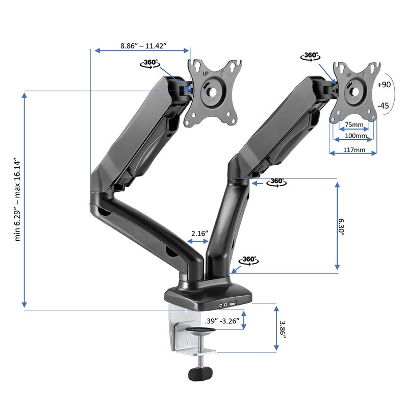 Pemberly Row Corner Standing Desk Converter ACUSB w Dual Monitor Mount - Black