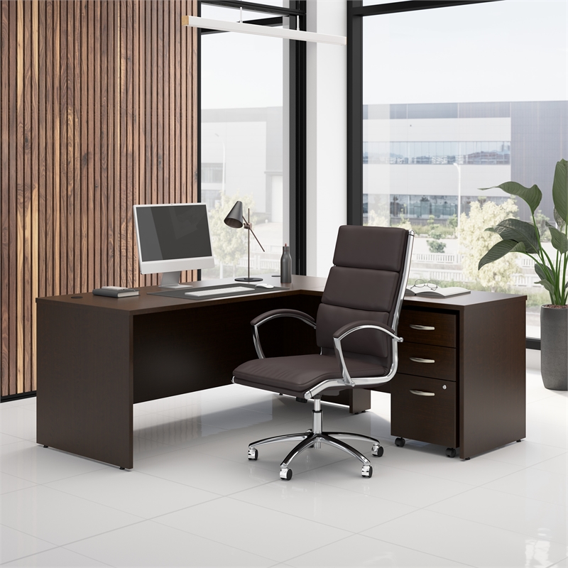 Pemberly Row 72W L Shaped Desk with Mobile File Cabinet in Mocha Cherry