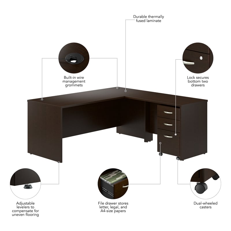 Pemberly Row 72W L Shaped Desk with Mobile File Cabinet in Mocha Cherry