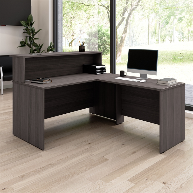 Pemberly Row 60W x 72D L Shaped Reception Desk in Storm Gray - Engineered Wood