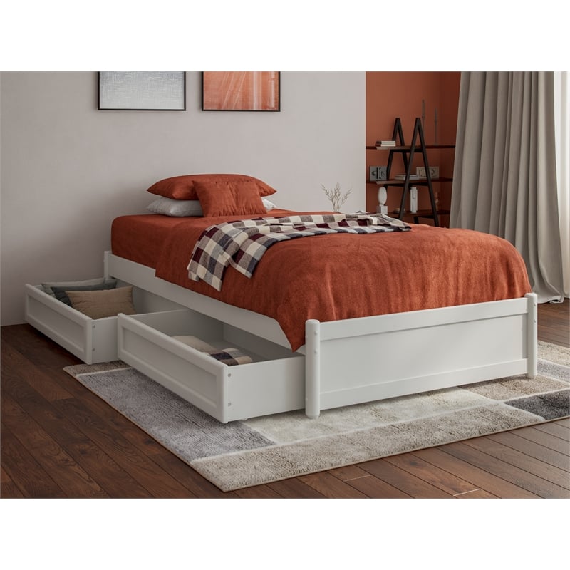Pemberly Row Twin XL Solid Wood Panel Platform Bed with Storage Drawers in White