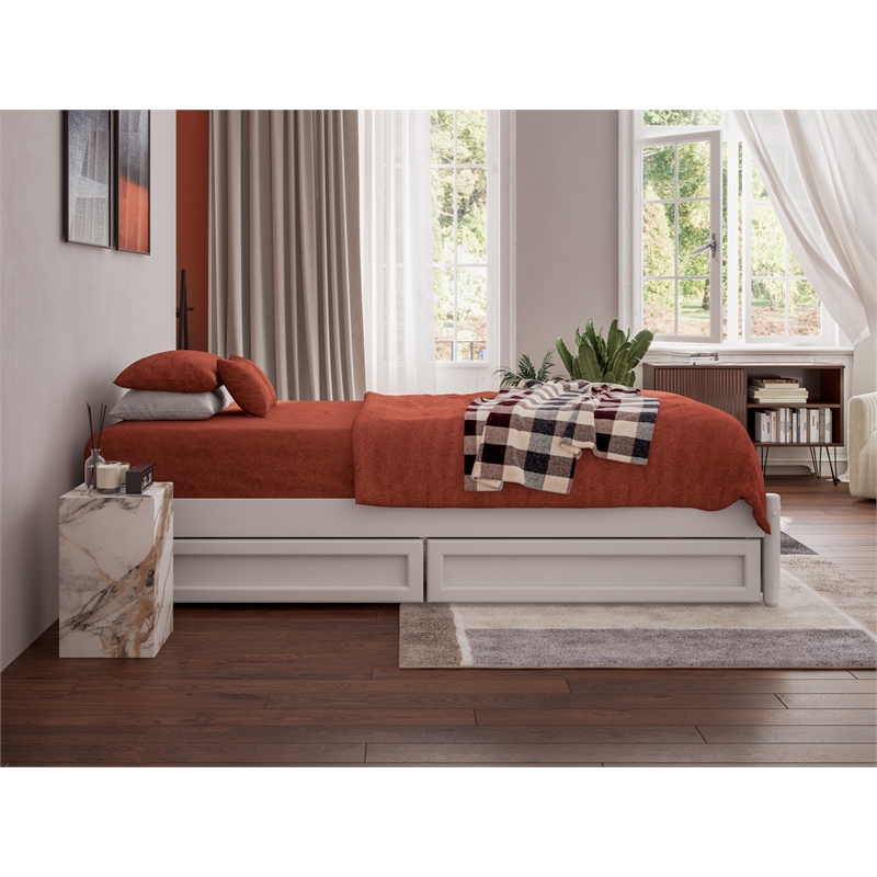 Pemberly Row Twin XL Solid Wood Panel Platform Bed with Storage Drawers in White
