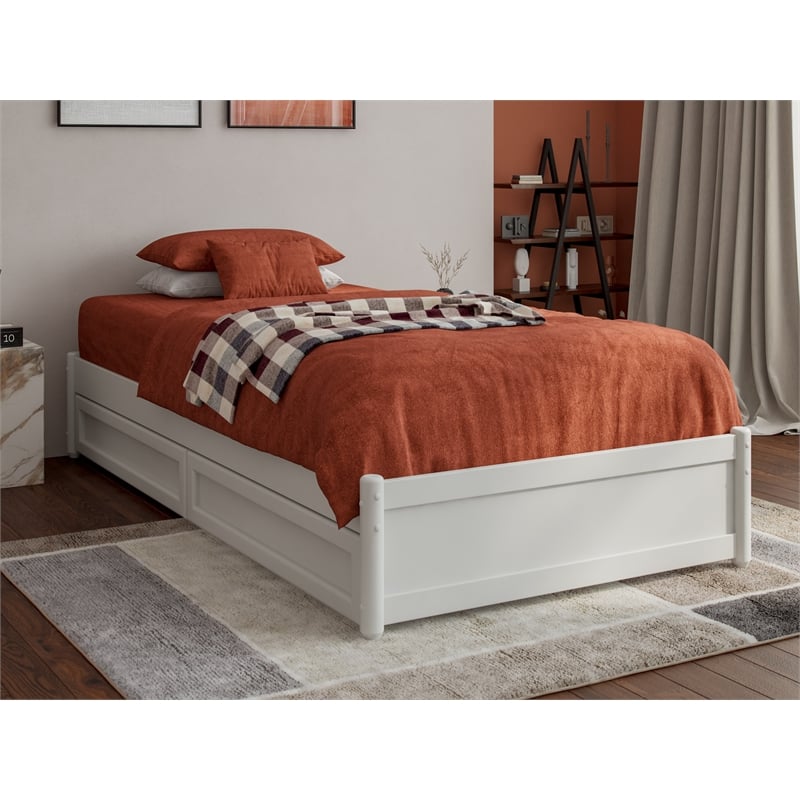 Pemberly Row Twin XL Solid Wood Panel Platform Bed with Storage Drawers in White
