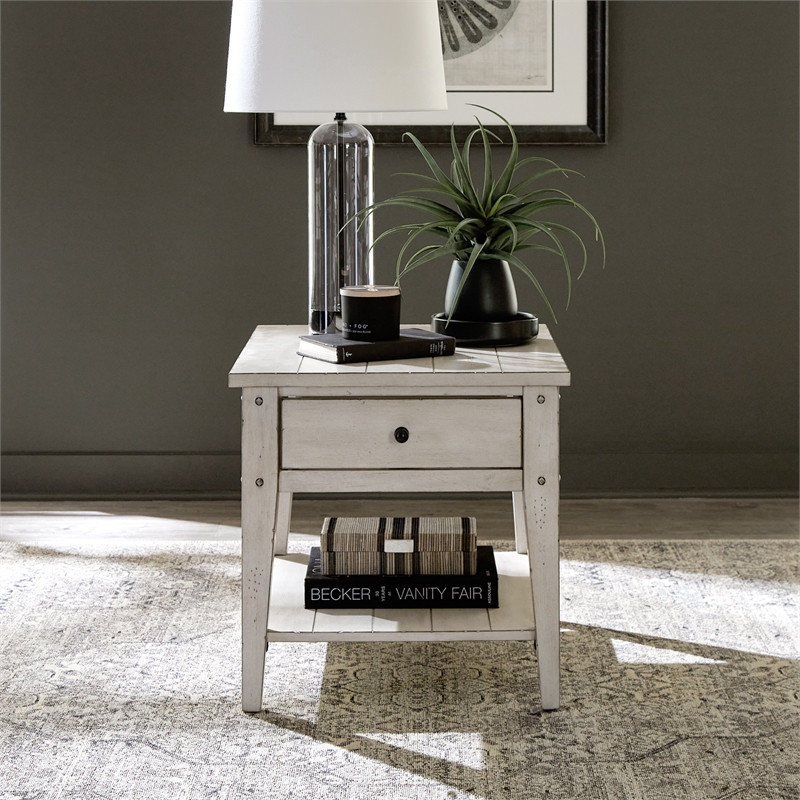 Pemberly Row Contemporary End Table in Weathered White Finish