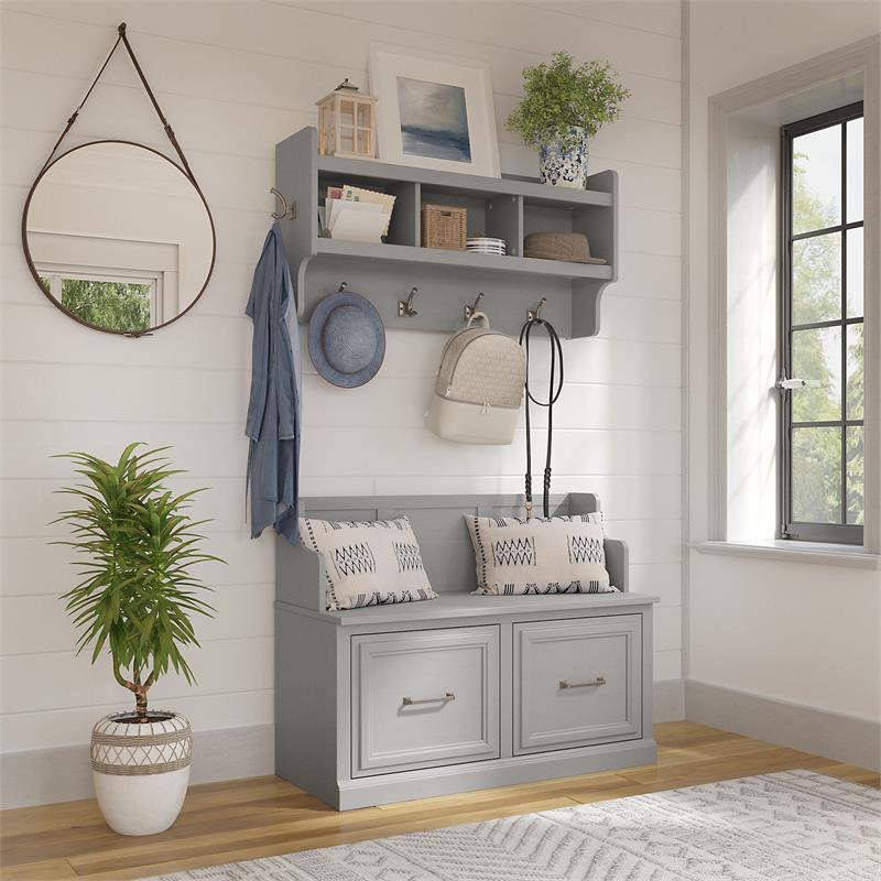 Pemberly Row Entryway Bench with Doors and Wall Shelf in Gray - Engineered Wood