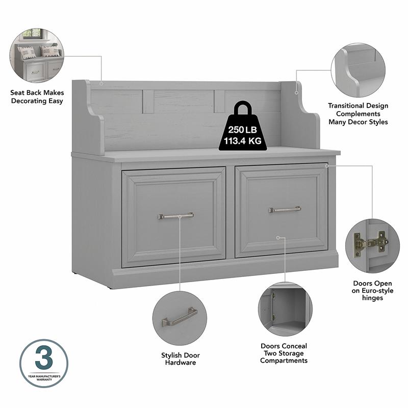 Pemberly Row Entryway Bench with Doors and Wall Shelf in Gray - Engineered Wood