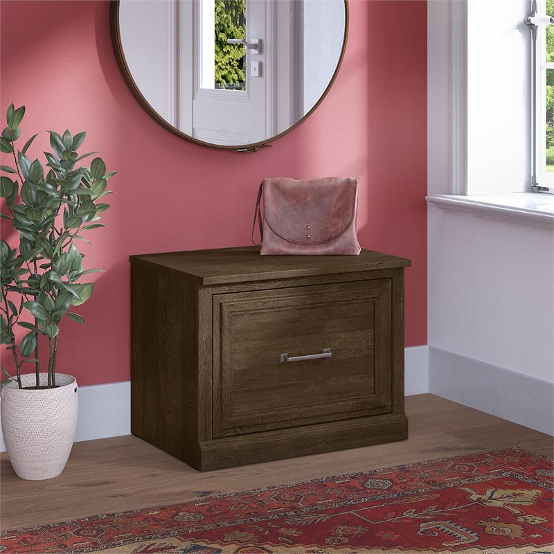 Pemberly Row 24W Small Shoe Bench with Drawer in Ash Brown - Engineered Wood