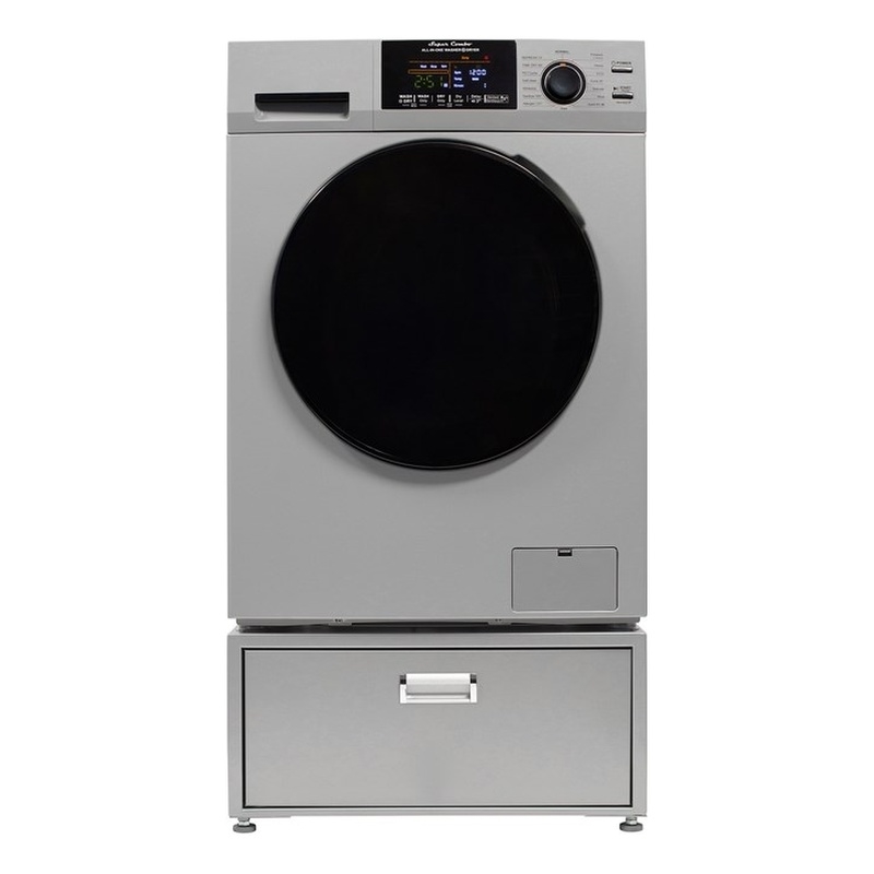 Pemberly Row All-in-one Washer and Dryer with Pedestal in Silver
