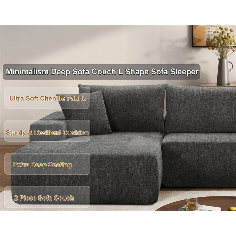 Pemberly Row Extra Large Couch Chenille 2 Piece Gray Sectional Sleeper Sofa