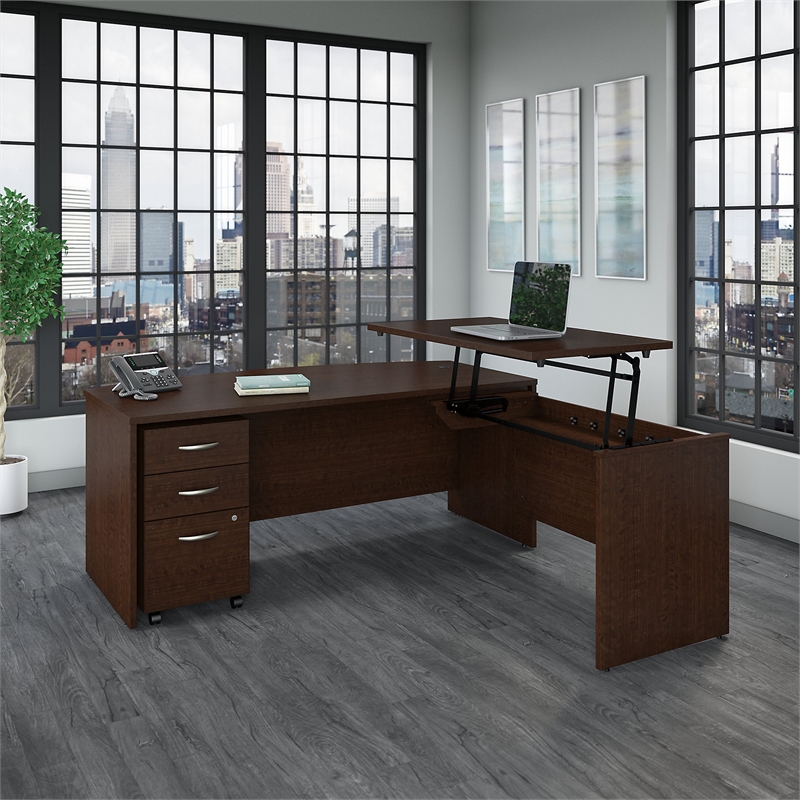 Pemberly Row Bow Front Sit to Stand L Shaped Desk Office Set in Mocha Cherry
