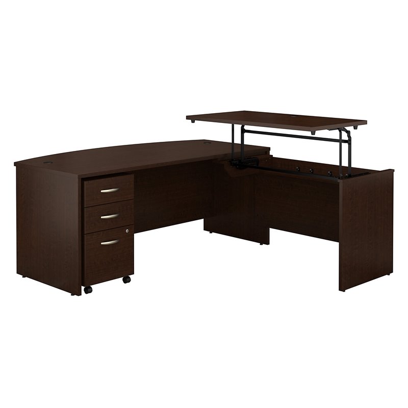 Pemberly Row Bow Front Sit to Stand L Shaped Desk Office Set in Mocha Cherry