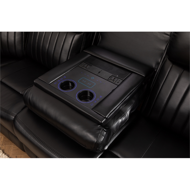 Pemberly Row Faux Leather Sectional w/ LED USB Speaker Wireless Charger in Black