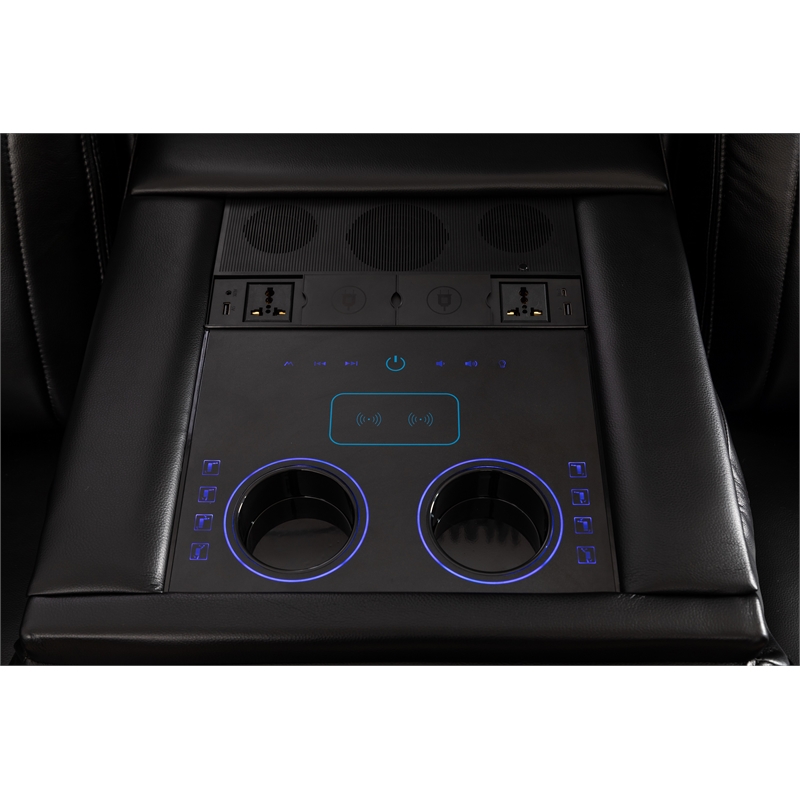 Pemberly Row Faux Leather Sectional w/ LED USB Speaker Wireless Charger in Black