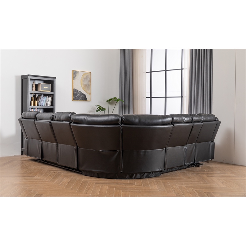 Pemberly Row Faux Leather Sectional w/ LED USB Speaker Wireless Charger in Black
