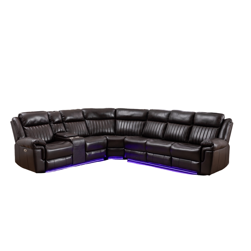 Pemberly Row Faux Leather Sectional w/ LED USB Speaker Wireless Charger in Black