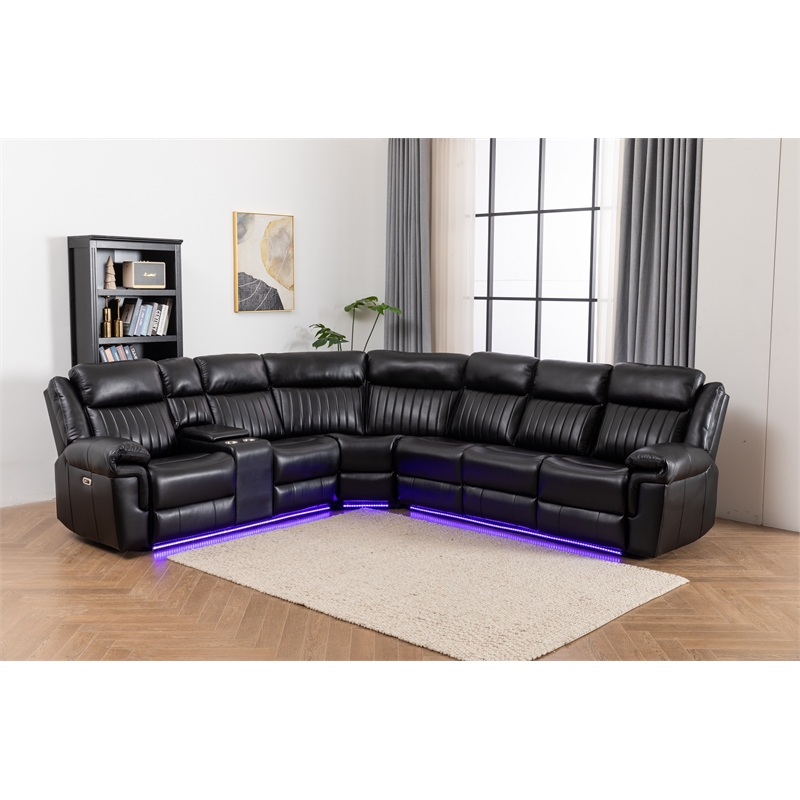 Pemberly Row Faux Leather Sectional w/ LED USB Speaker Wireless Charger in Black