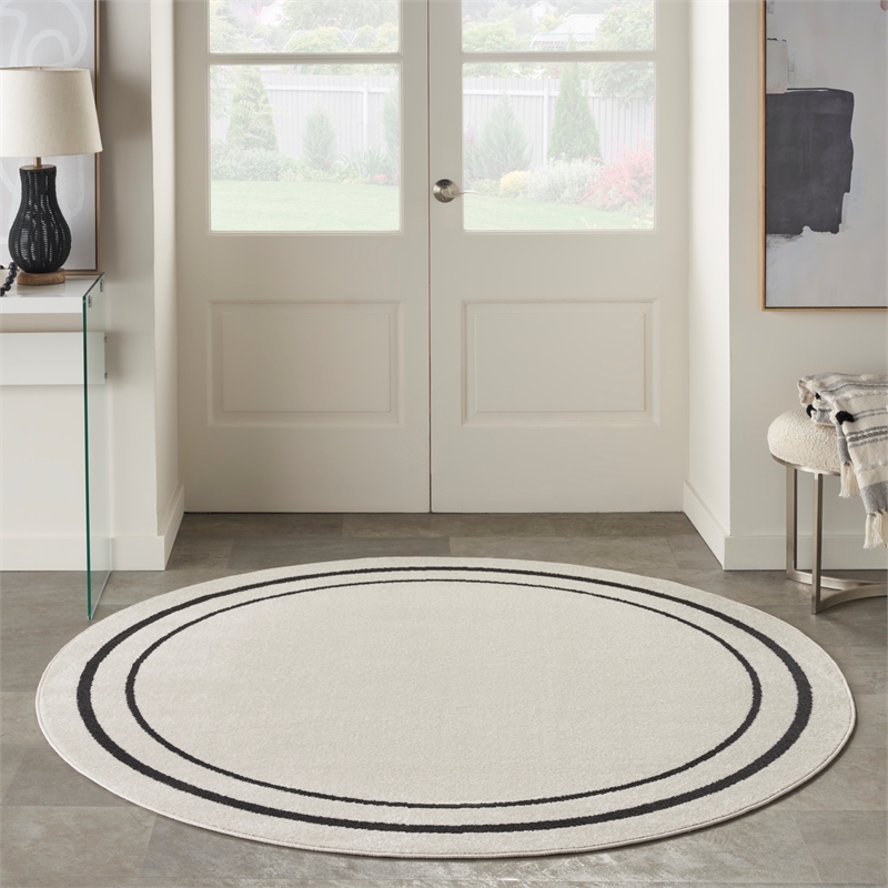 Pemberly Row 8' Round Ivory/Black Contemporary Indoor/Outdoor Rug