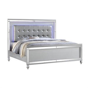 Pemberly Row Queen Size Upholstered LED Bed made with wood in Silver Color