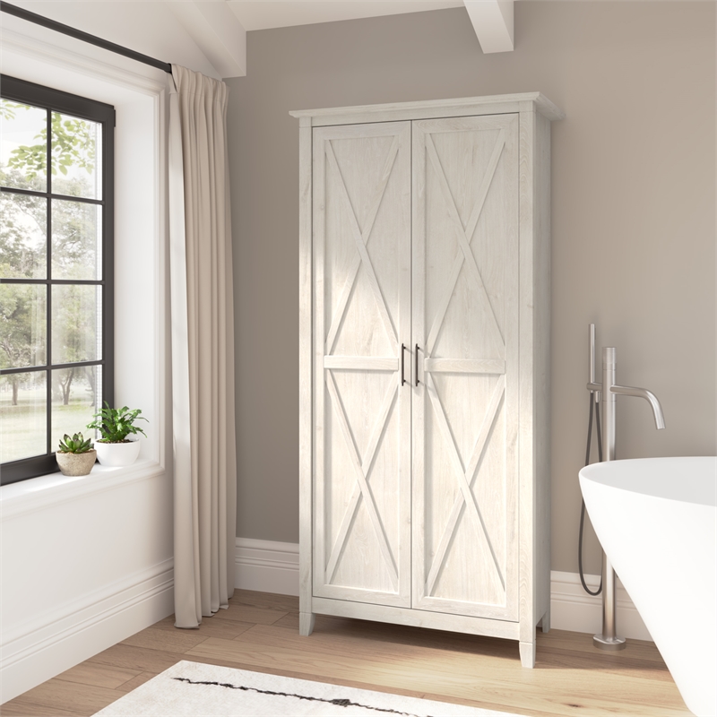 Pemberly Row Tall Bathroom Cabinet w/ Doors in Linen White Oak - Engineered Wood