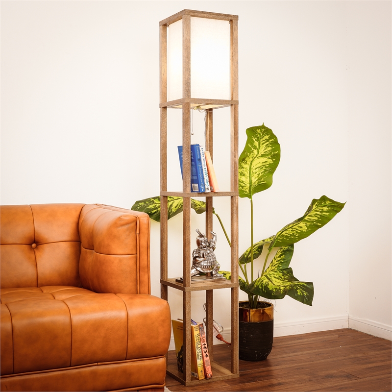 Pemberly Row Grand Luminaire Elegance Shelf Gray Wood Floor Lamp