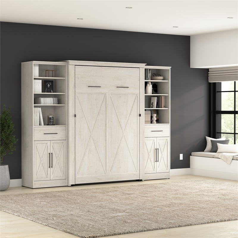 Pemberly Row Full Murphy Bed and Wardrobes (113W) - Engineered Wood in White