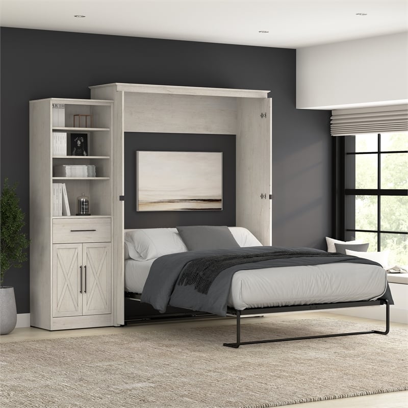 Pemberly Row Queen Murphy Bed with Wardrobe (94W) - Engineered Wood in White