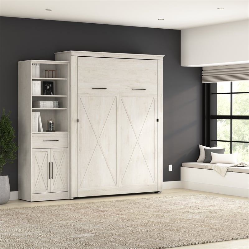 Pemberly Row Queen Murphy Bed with Wardrobe (94W) - Engineered Wood in White