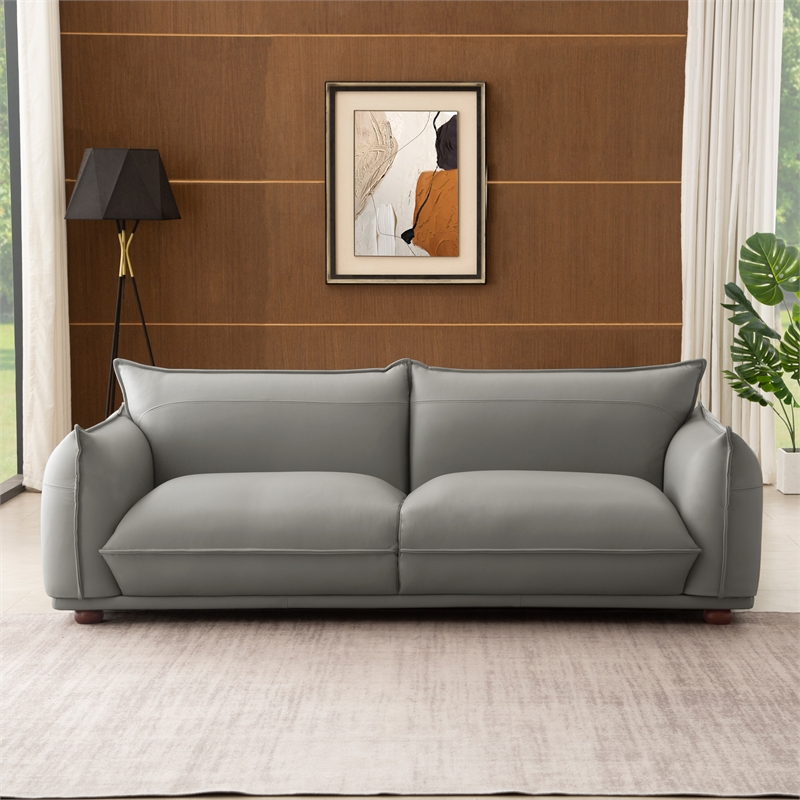 Pemberly Row Mid-Century Modern Luxury Living Room Couch in Gray Leather