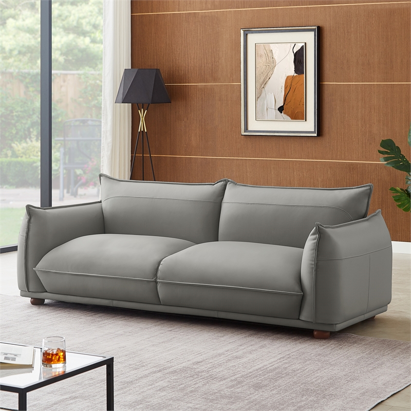 Pemberly Row Mid-Century Modern Luxury Living Room Couch in Gray Leather