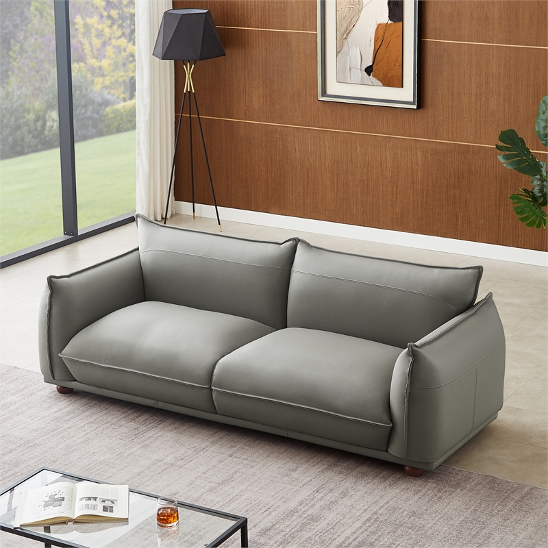 Pemberly Row Mid-Century Modern Luxury Living Room Couch in Gray Leather