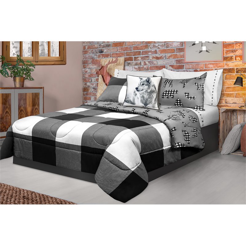Pemberly Row 3-piece Polyester Buffalo Plaid Double Queen Comforter Set in White