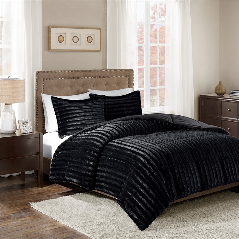 Pemberly Row Faux Fur Comforter Mini Set in Black King/Cal King