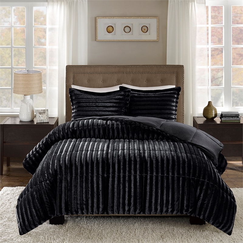 Pemberly Row Faux Fur Comforter Mini Set in Black King/Cal King