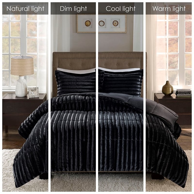 Pemberly Row Faux Fur Comforter Mini Set in Black King/Cal King
