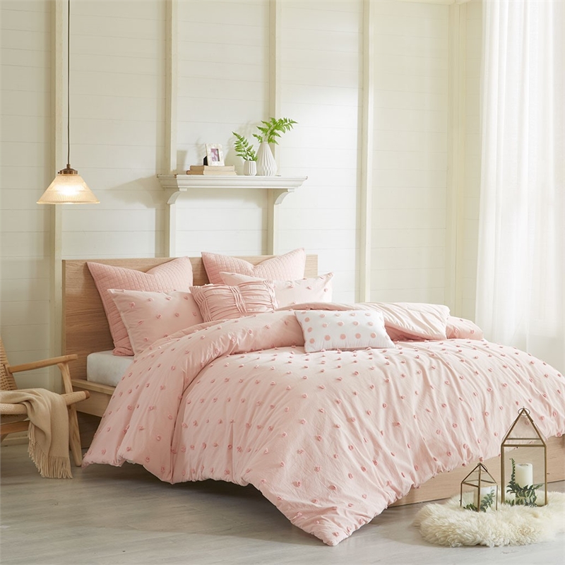 Pemberly Row 7-Piece Farmhouse Cotton Jacquard Comforter Set in Pink