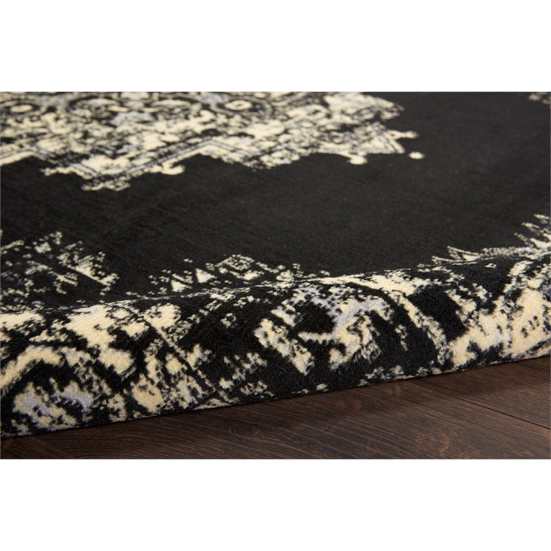 Pemberly Row 5' Round Black and White Fabric Vintage Area Rug