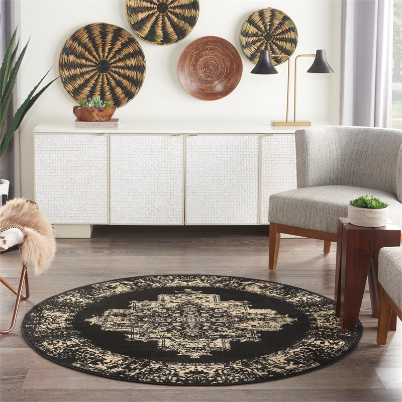 Pemberly Row 5' Round Black and White Fabric Vintage Area Rug