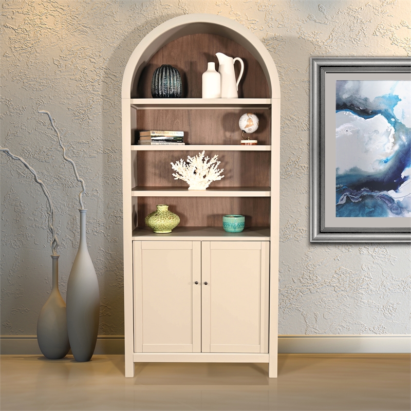 Pemberly Row Contemporary Arched Display Cabinet with Doors in Off White