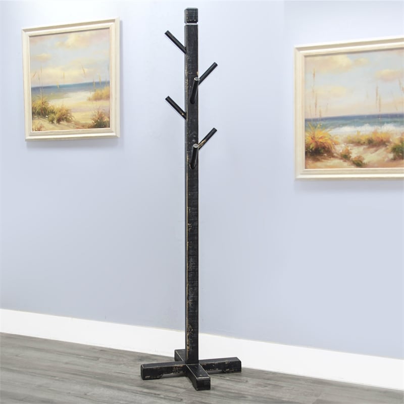 Pemberly Row Traditional Solid Wood Coat Rack with 8-Prong Hooks in Black Sand