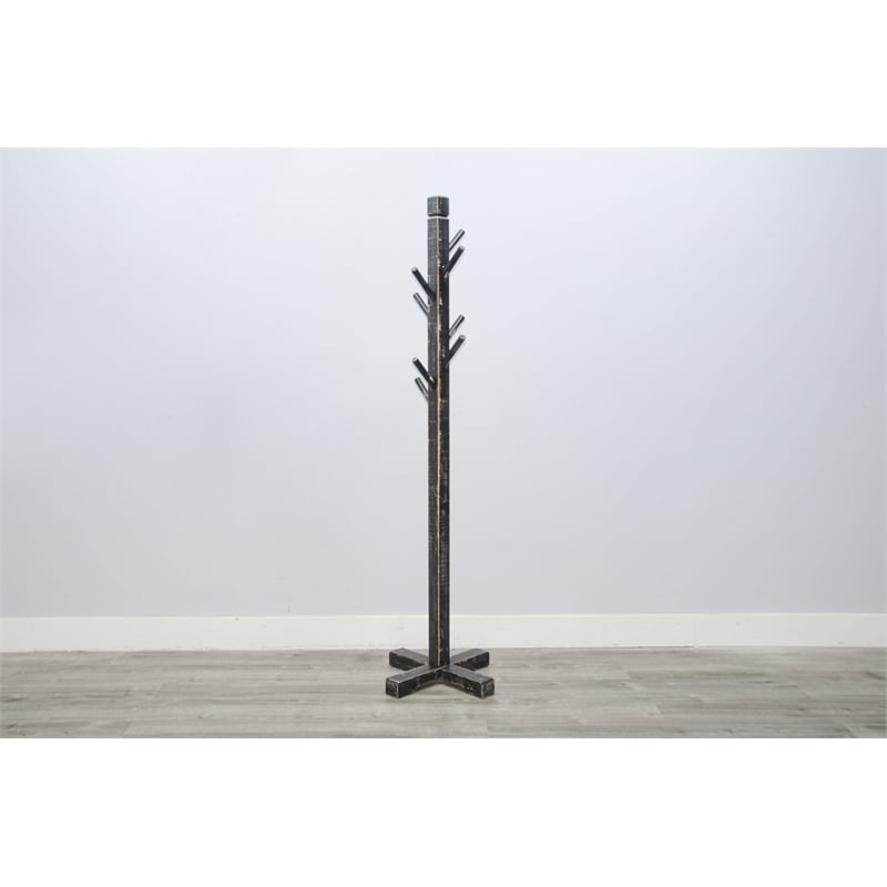 Pemberly Row Traditional Solid Wood Coat Rack with 8-Prong Hooks in Black Sand