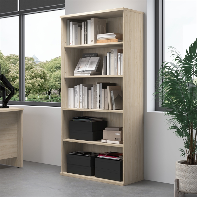Pemberly Row Set of 2 Tall 5-Shelf Bookcases in Natural Elm - Engineered Wood
