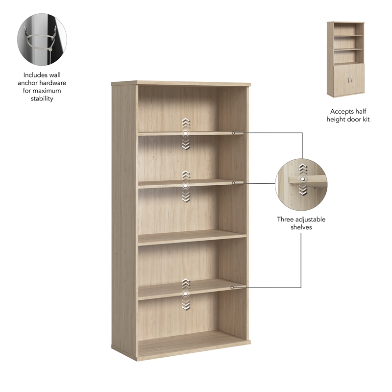 Pemberly Row Set of 2 Tall 5-Shelf Bookcases in Natural Elm - Engineered Wood
