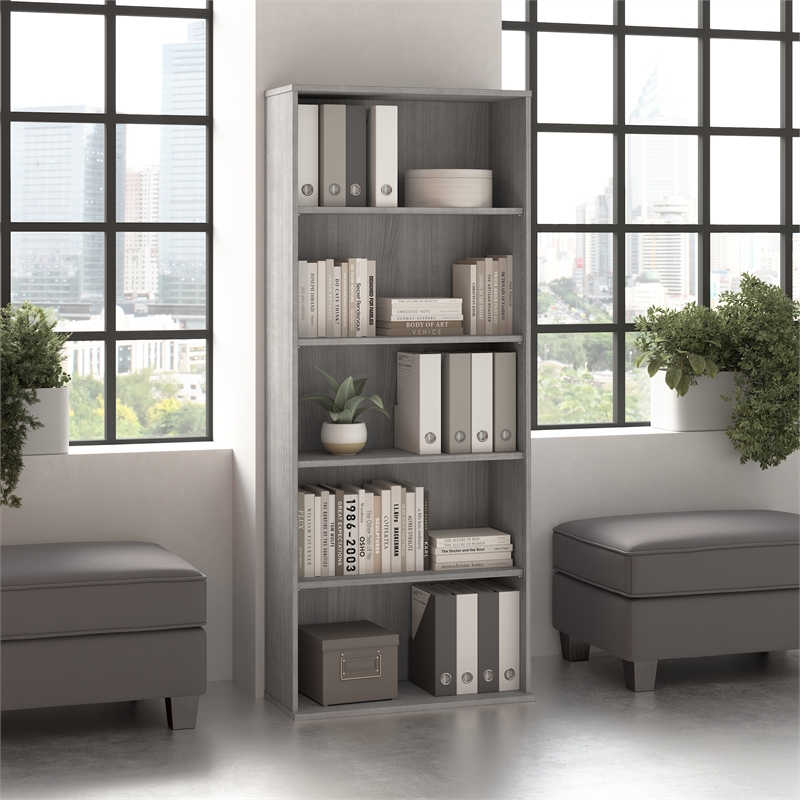 Pemberly Row Set of 2 Tall 5-Shelf Bookcases in Platinum Gray - Engineered Wood